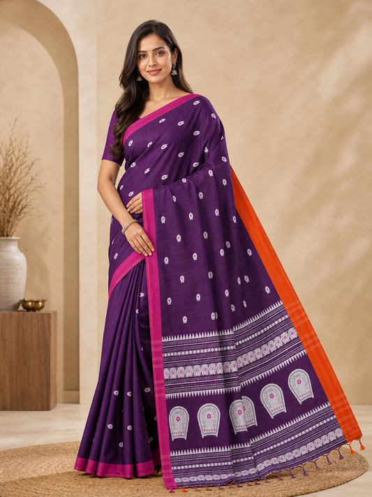Deep Purple Pure Cotton Weaving Saree with Pink Orange Border on model