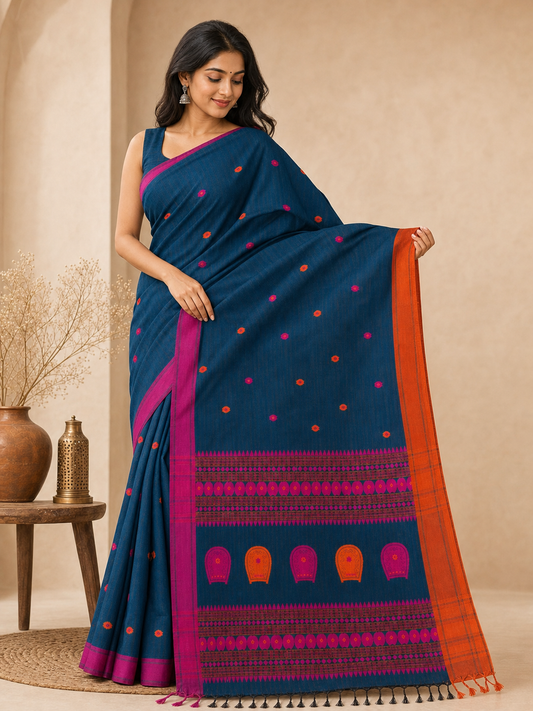 Deep Teal Pure Cotton Weaving Saree with Pink Orange Pallu on model