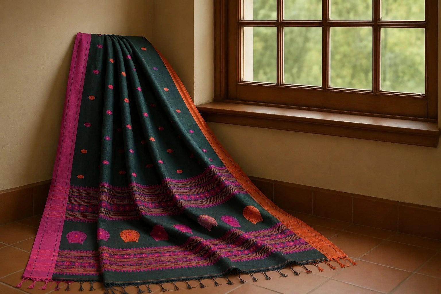 Dongiya Khadi Tree Motif Saree Woven Border Close Up