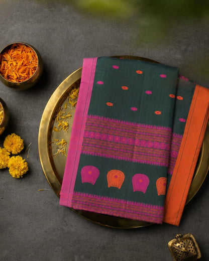 Dongiya Khadi Tree Motif Saree Deep Teal Magenta Border Front View