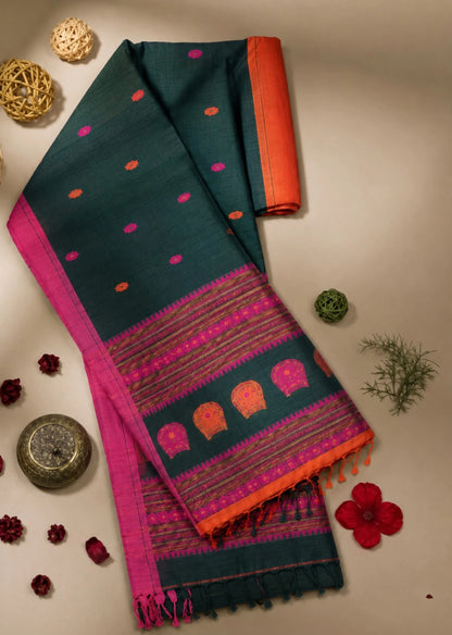 Dongiya Khadi Tree Motif Saree Deep Teal Magenta Border Side View