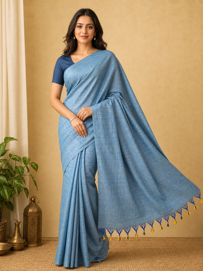 Dual Tone Blue Plain Khadi Saree with Tassel Pallu on model