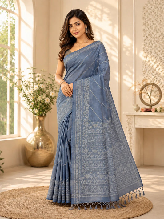 Dusty Blue Silk Jamdani Saree model image
