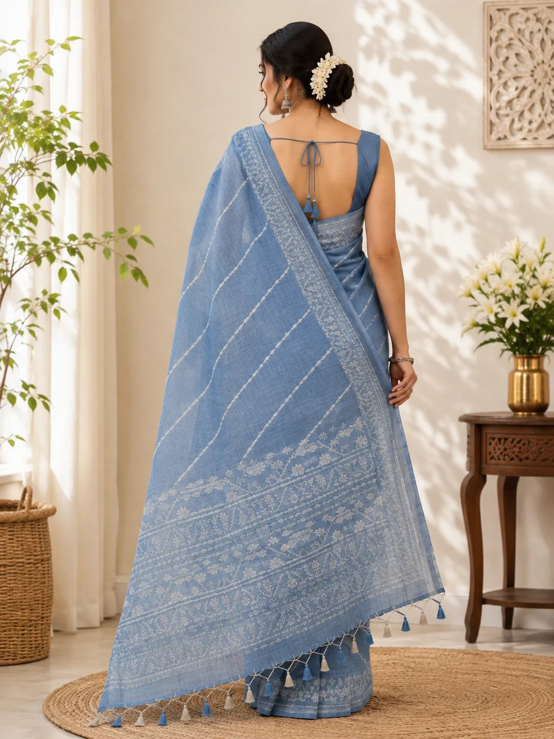 Dusty Blue Silk Jamdani Saree image 2