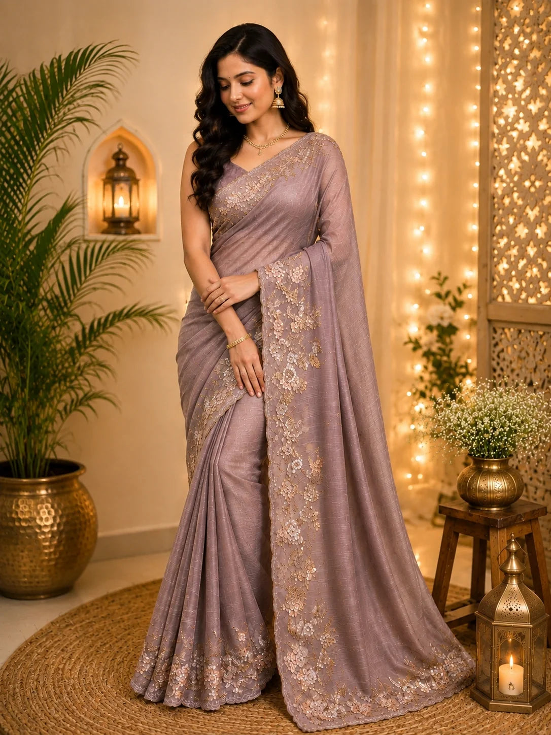 Dusty Mauve Pure Crush Tissue Saree model image