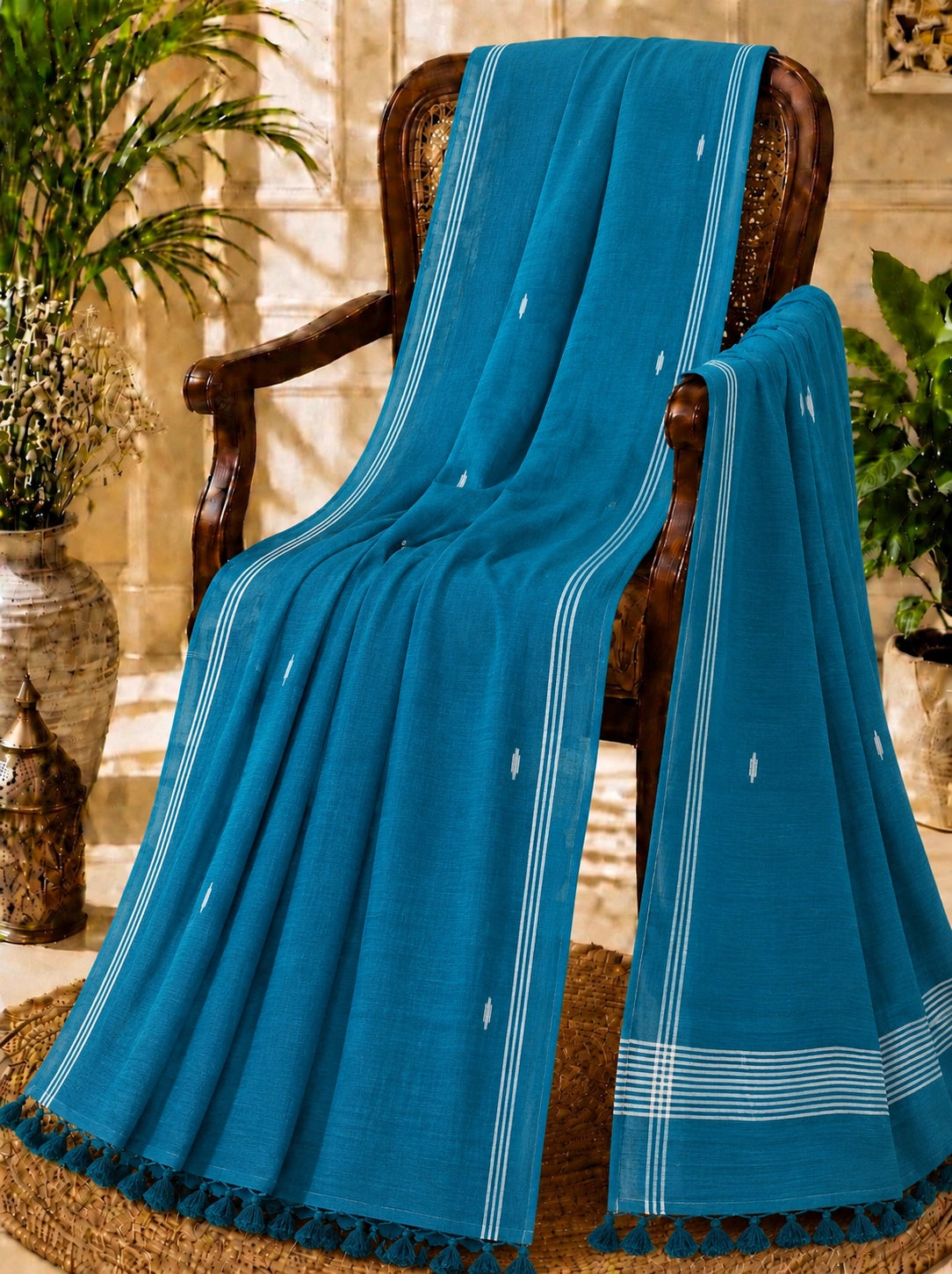 Teal Blue Pure Mul Cotton Hand Weaving Jamdani Buta Saree with White Striped Border & Tassel Pallu