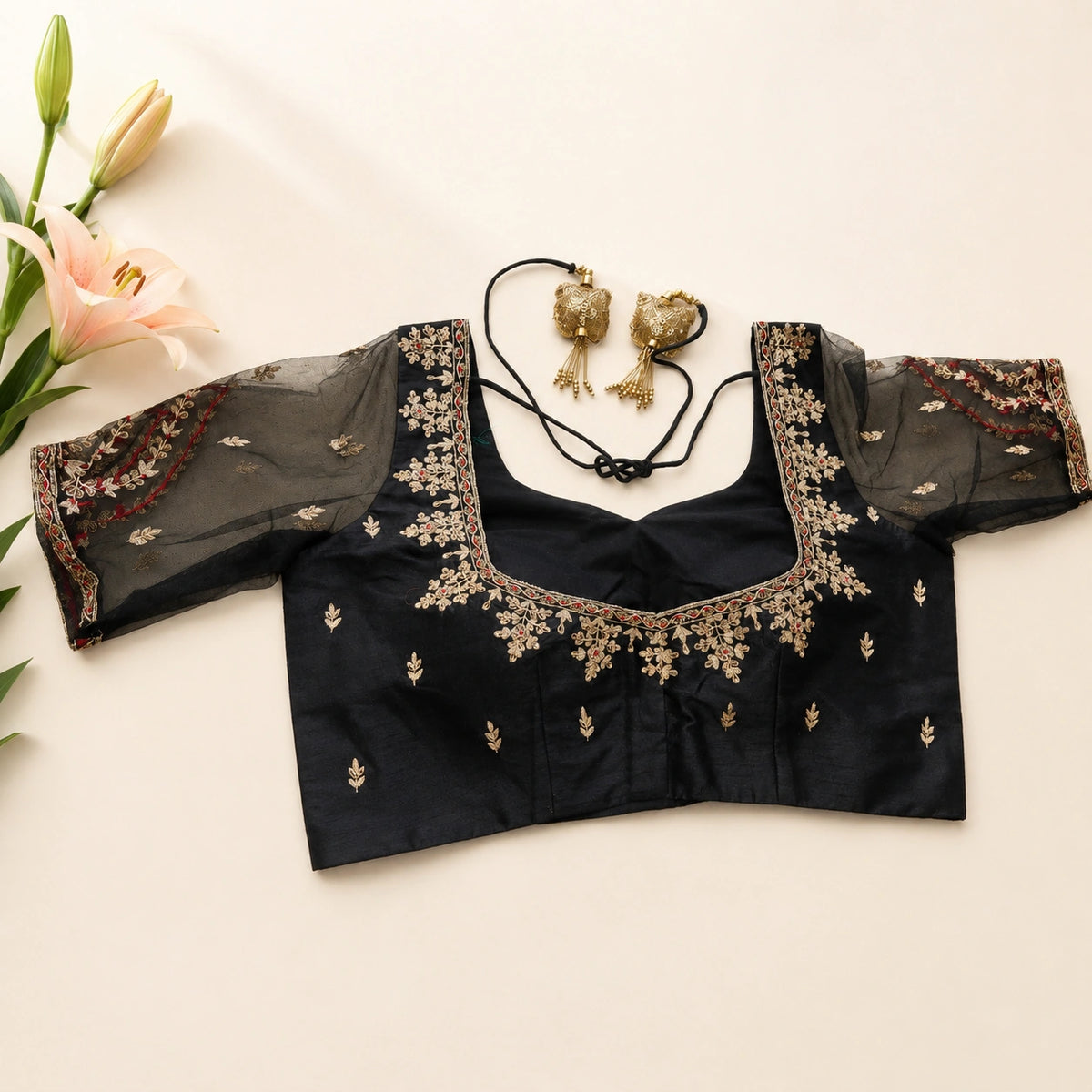 Black Raw Silk Zardozi Embroidered Blouse with Sheer Net Sleeves