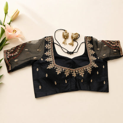 Black Raw Silk Zardozi Embroidered Blouse with Sheer Net Sleeves