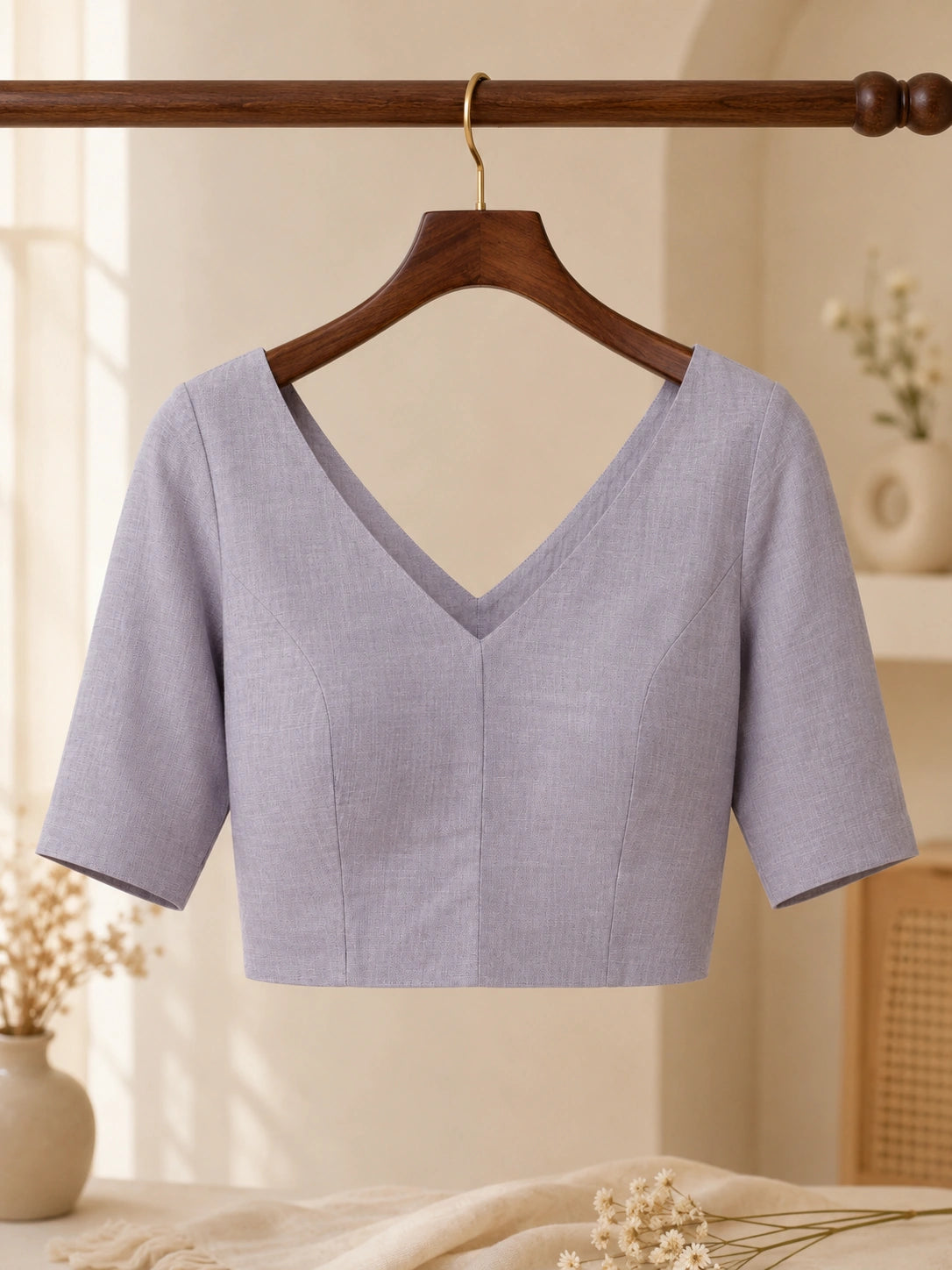 Dusty Lavender Grey Cotton V-Neck Half Sleeve Tailored Blouse