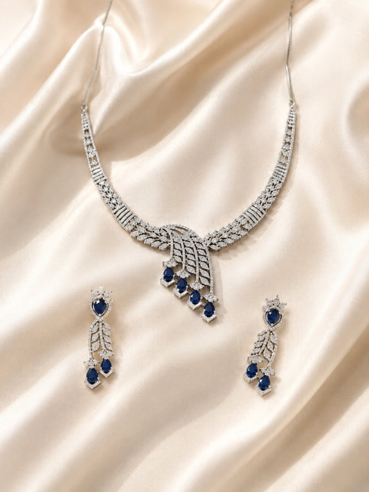 Silver-Tone Leaf Motif Blue Stone Necklace Set with Matching Drop Earrings