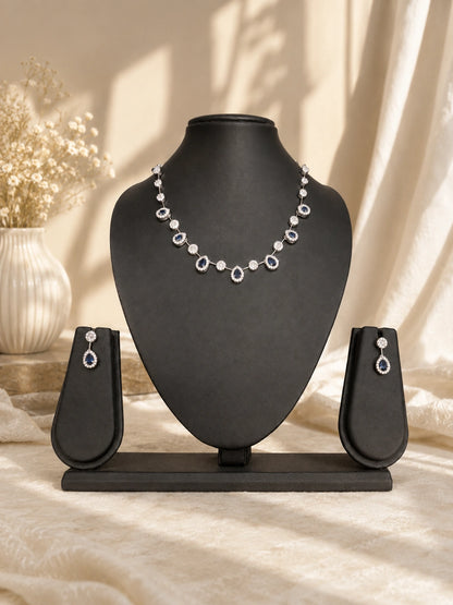 Silver-Tone Blue Teardrop Stone Necklace Set with Matching Earrings