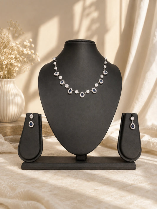 Silver-Tone Blue Teardrop Stone Necklace Set with Matching Earrings
