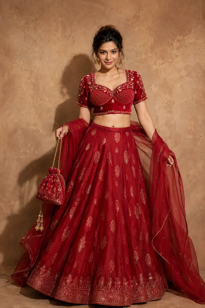 Red Velvet Ari Work Sabyasachi Glass Sleeve Blouse for Women Floral Embroidered Bridal & Festive Ethnic Blouse