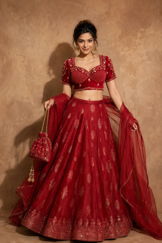 Red Velvet Ari Work Sabyasachi Glass Sleeve Blouse for Women Floral Embroidered Bridal & Festive Ethnic Blouse