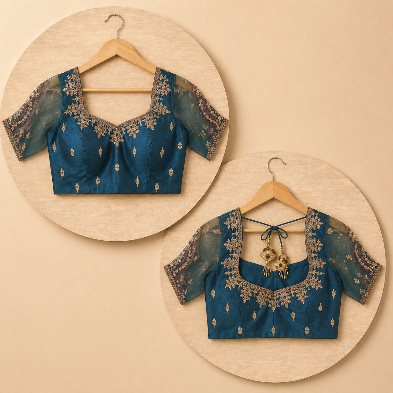 Blue Raw Silk Zardozi Embroidered Blouse with Sheer Net Sleeves