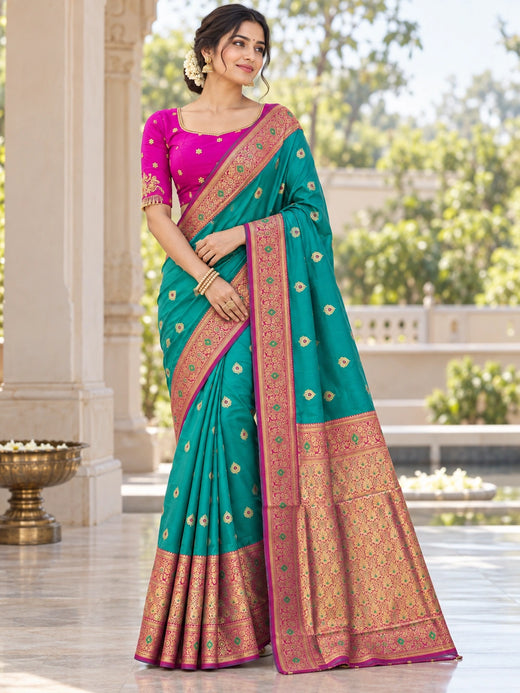 Teal Semi Katan Big Buta Kanji Saree with Magenta Gold Zari Border