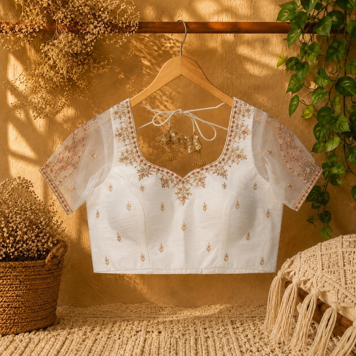 White Raw Silk Zardozi Embroidered Blouse with Sheer Net Sleeves