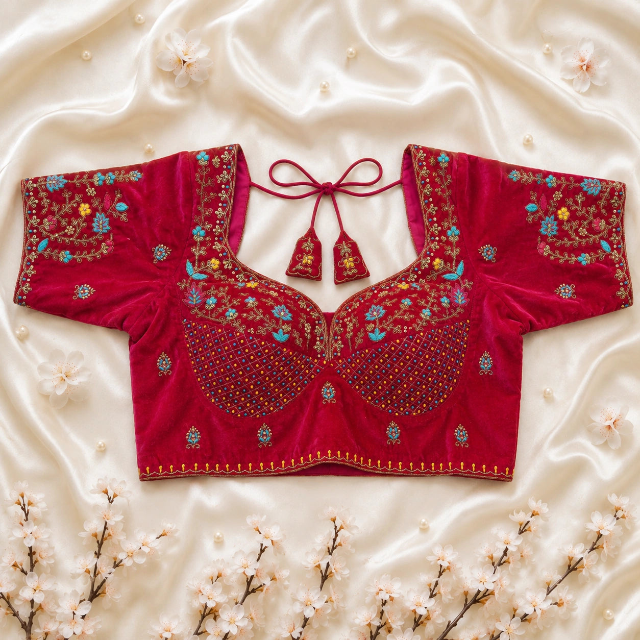 Pink Velvet Ari Work Sabyasachi Glass Sleeve Blouse for Women Floral Embroidered Bridal & Festive Ethnic Blouse