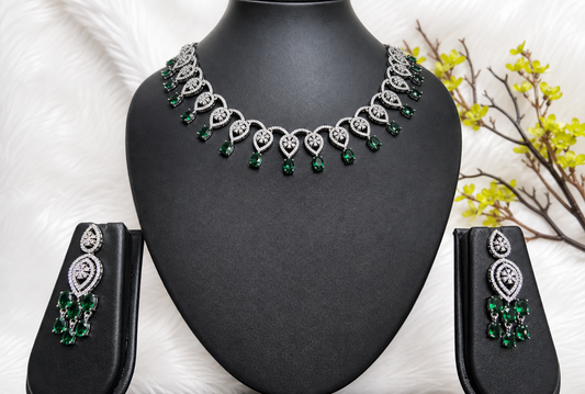 Emerald Green AD Necklace Set with Crystal Drop Earrings - full set