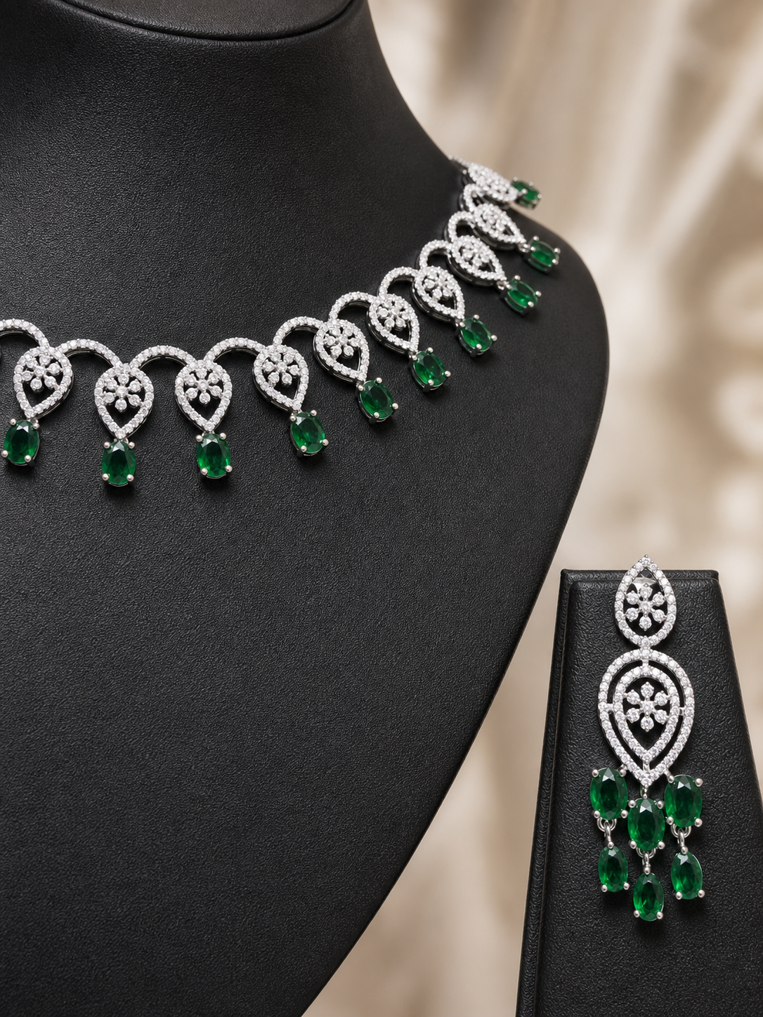 Emerald Green AD Necklace Set with Crystal Drop Earrings - angled closeup