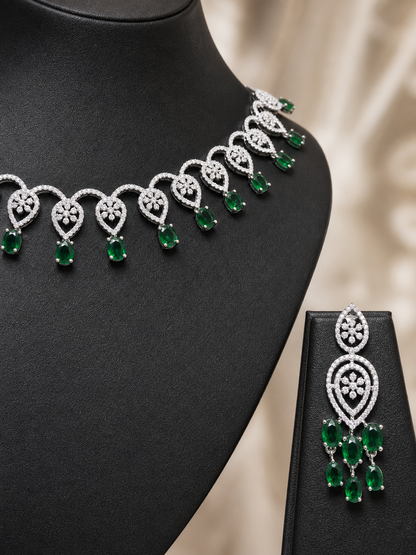 Emerald Green AD Necklace Set with Crystal Drop Earrings - angled closeup