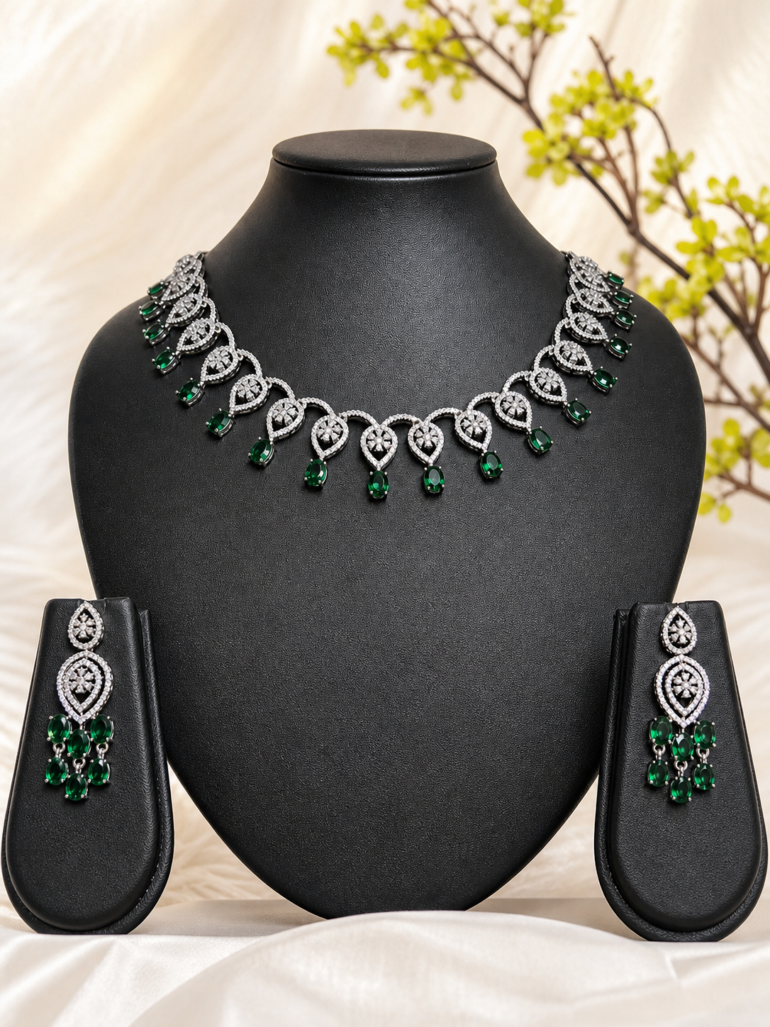 Emerald Green AD Necklace Set with Crystal Drop Earrings - full set