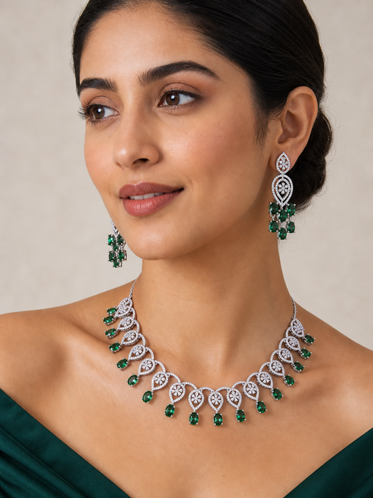 Emerald Green AD Necklace Set with Crystal Drop Earrings on model