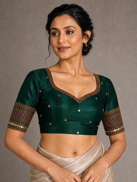 Emerald green raw silk zardozi blouse worn by model, front view