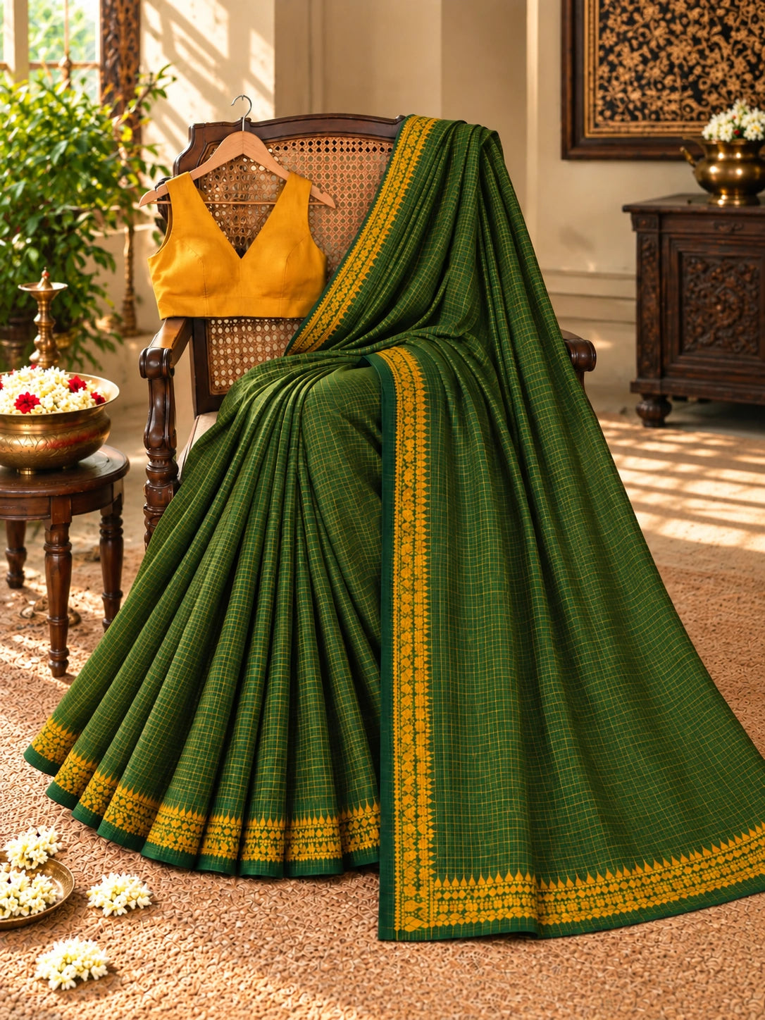 Bottle Green Pure Cotton Dhonekhali Check Saree with Mustard Yellow Woven Border