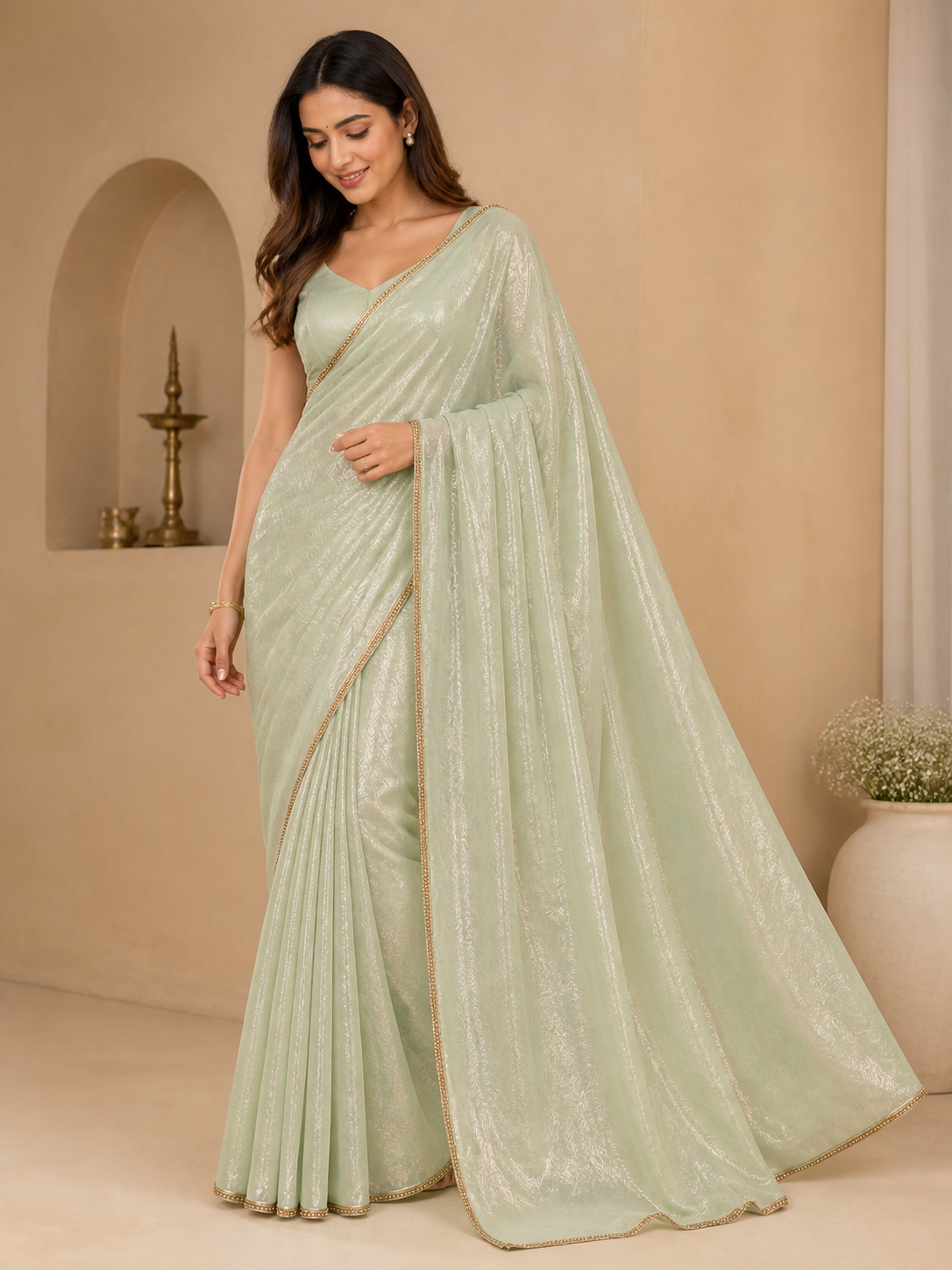Fandy Crush Saree Mint Green Shimmer with Gold Border model photoshoot