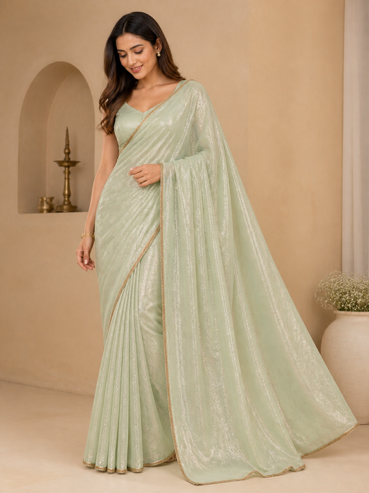 Fandy Crush Saree Mint Green Shimmer with Gold Border model photoshoot