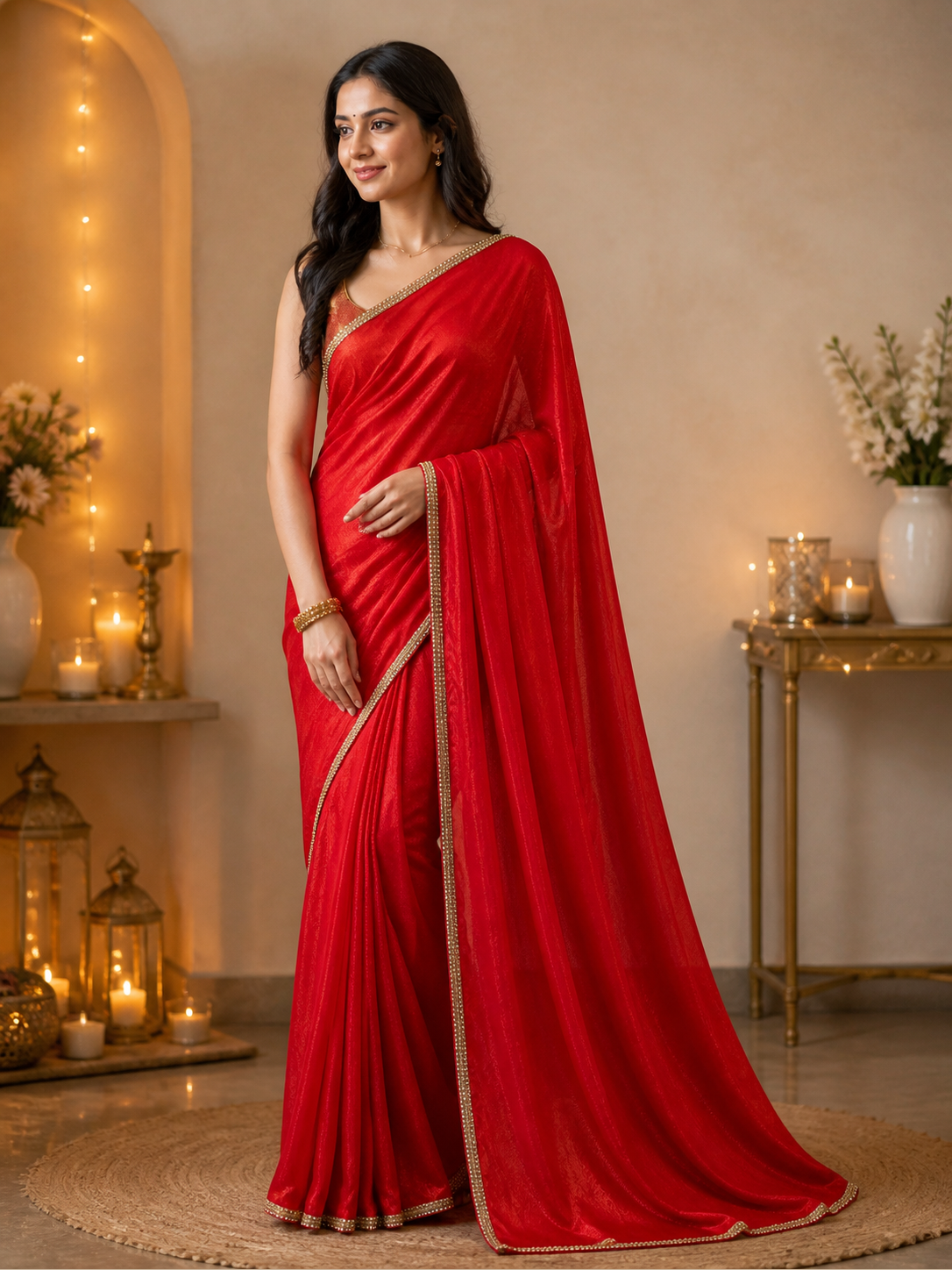 Fandy Crush Saree Red Shimmer Finish with Gold Lace Border model photoshoot