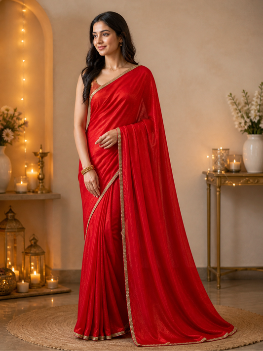 Fandy Crush Saree Red Shimmer Finish with Gold Lace Border model photoshoot