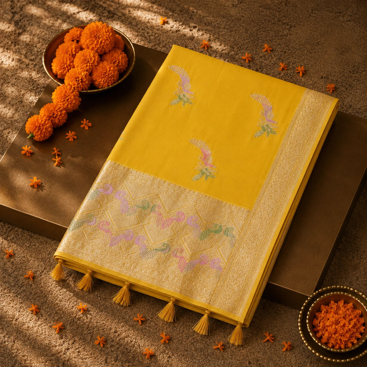 Mustard Yellow Pure Masru Silk Saree with Gold Zari Floral Buta and Ornate Woven Border