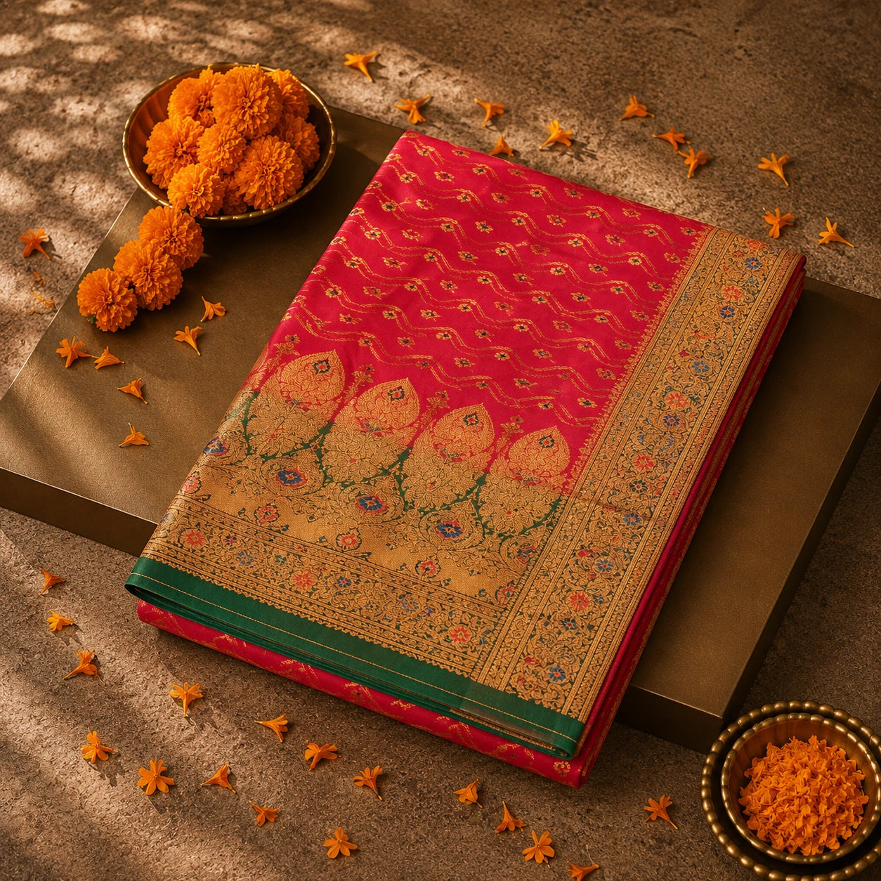 Rani Pink Semi Katan Jaal Work Saree with Gold Zari Floral Border & Ornate Traditional Pallu
