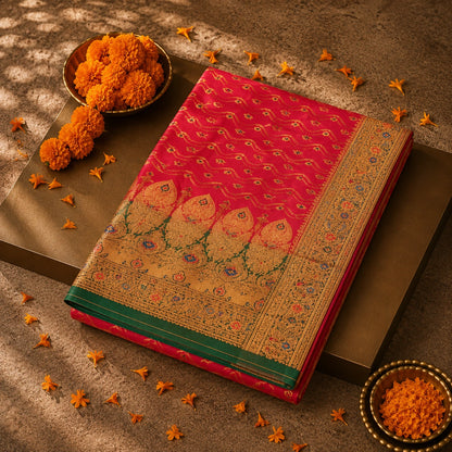 Rani Pink Semi Katan Jaal Work Saree with Gold Zari Floral Border & Ornate Traditional Pallu
