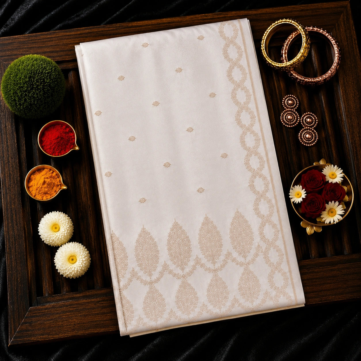 Ivory Pure Mashru Silk Banarasi Saree with Dual Floral Borders and Buti Weaving
