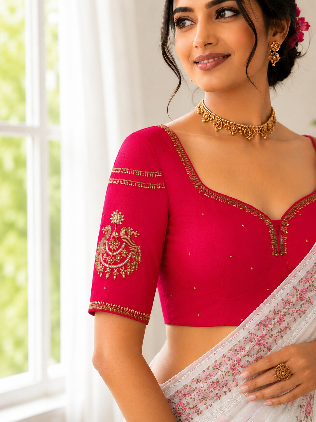 Bridal Rani Red Sabyasachi Ari Work Blouse with Pearl Embellished Sweetheart Neck
