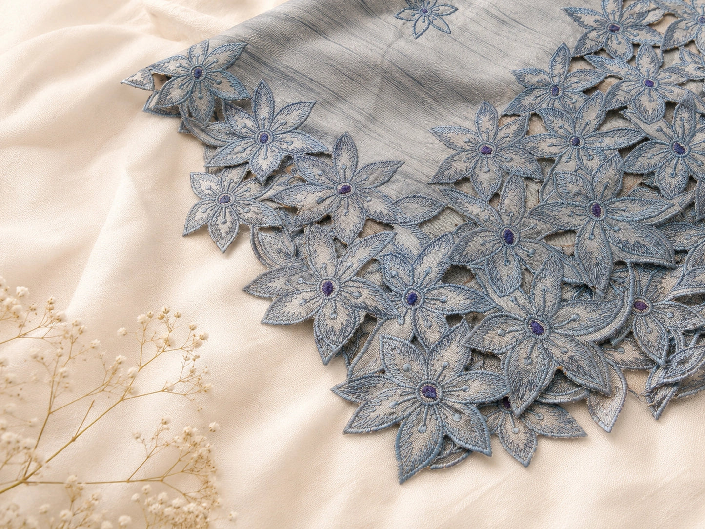 Powder Blue Tussar Cut Work Saree