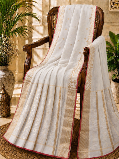 Off White Muslin Jamdani Saree with Gold Buti Work and Red Temple Border