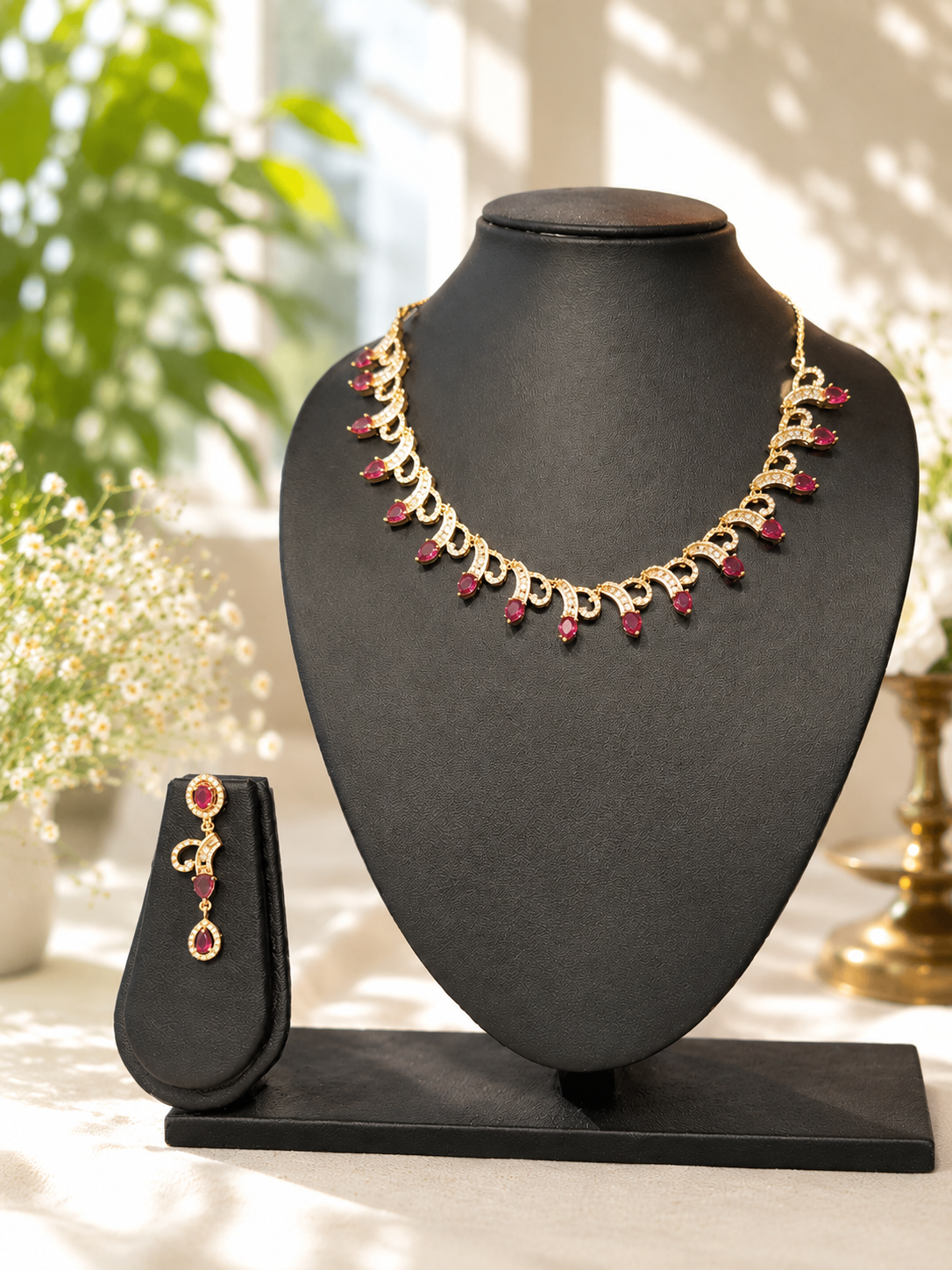 Gold-Tone Ruby Red Teardrop Stone Necklace Set with Matching Drop Earrings