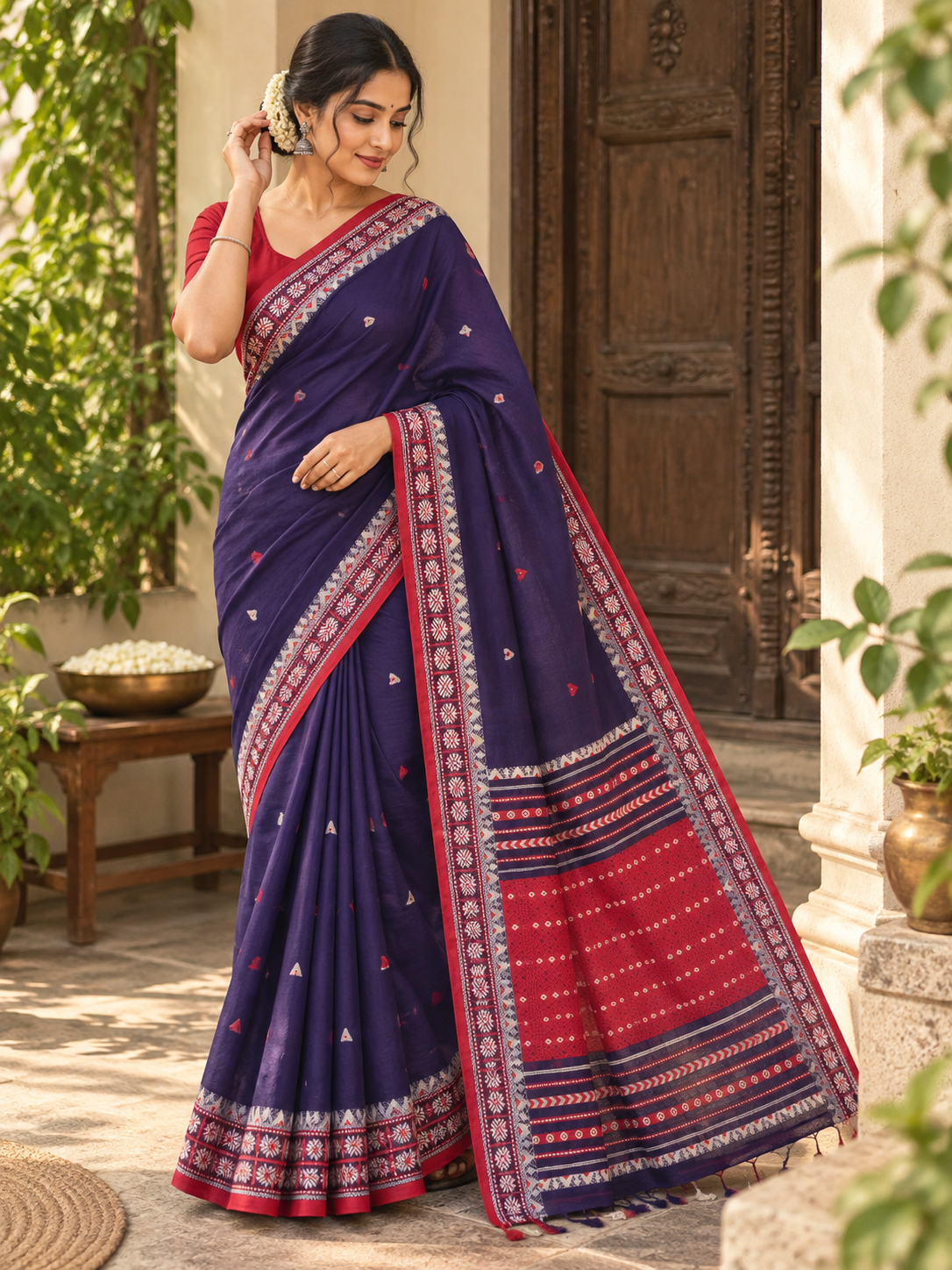 Deep Purple Pure Cotton Weaving Saree with Red Geometric Border & Buti Motifs
