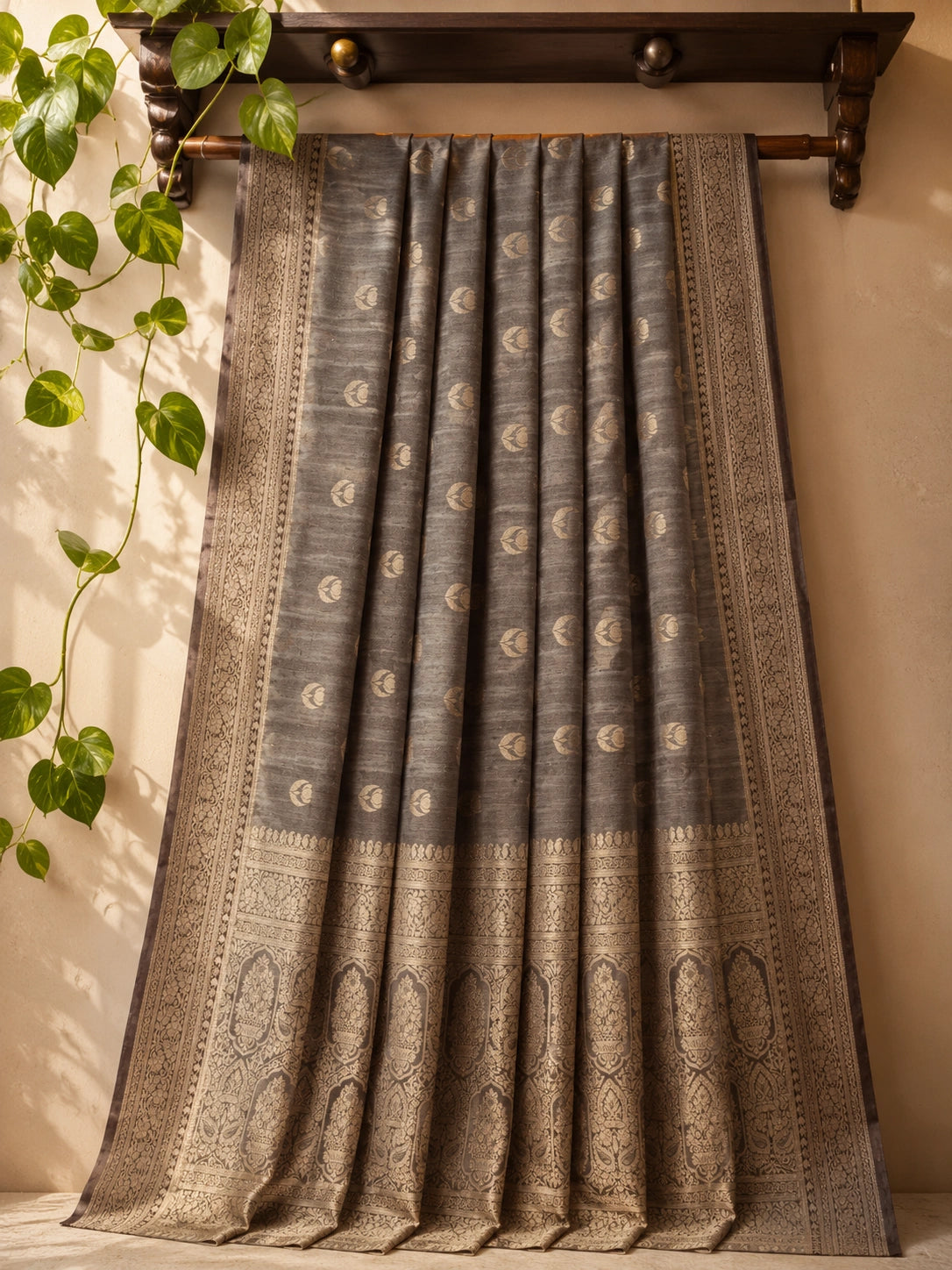 Steel Grey Matka Khaddi Banarasi Saree with Zari Woven Border