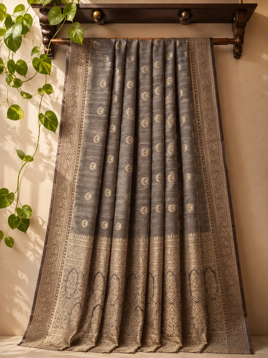 Steel Grey Matka Khaddi Banarasi Saree with Zari Woven Border