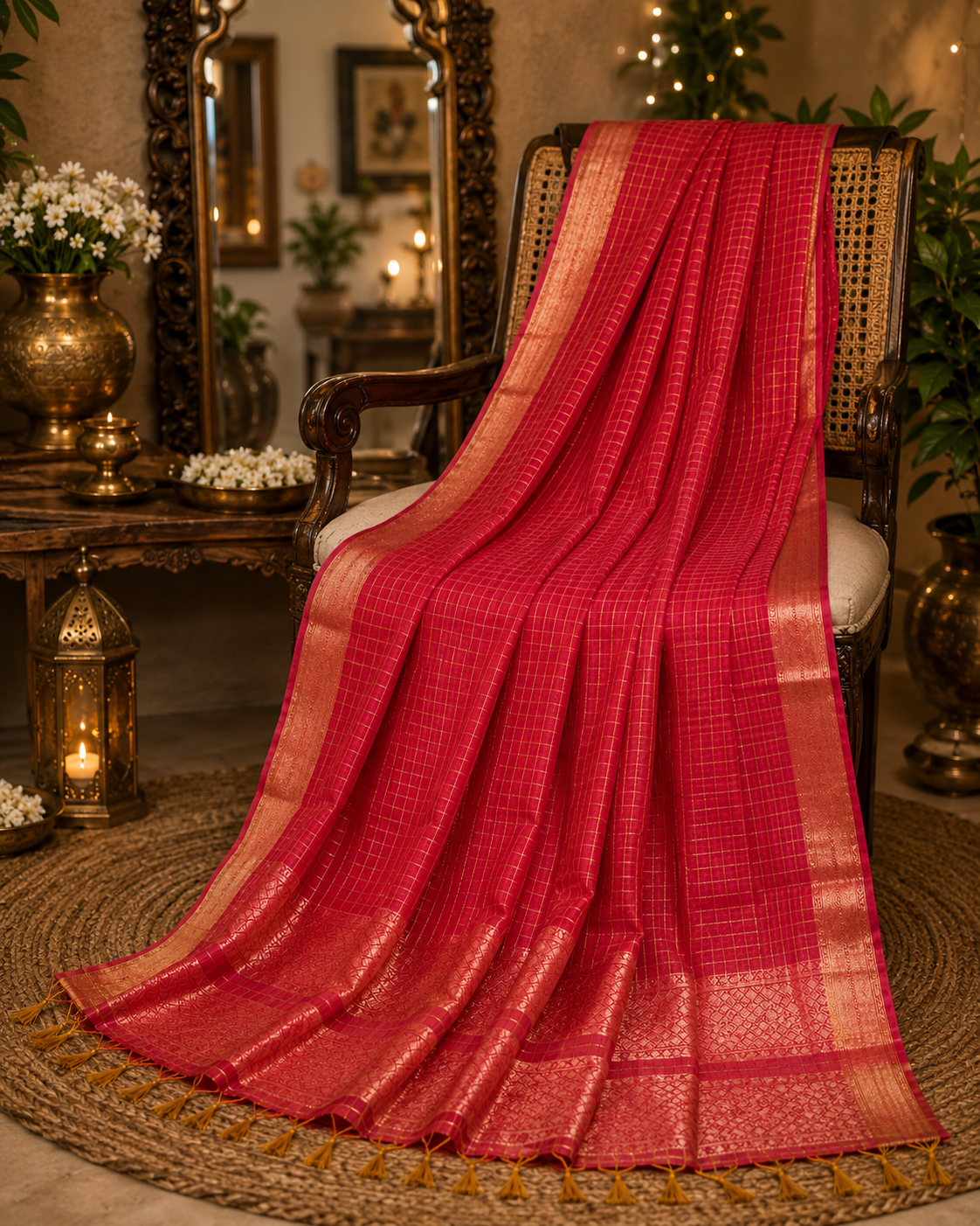 Magenta Pink Mangalgiri Check Saree with Gold Zari Border & Traditional Woven Pallu