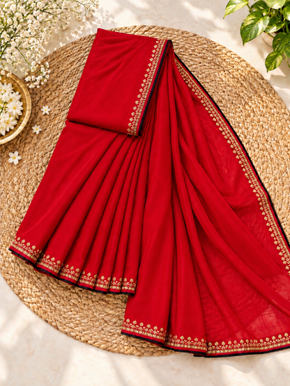 Red Vichitra Silk AD Stone Work Saree with Golden Floral Border