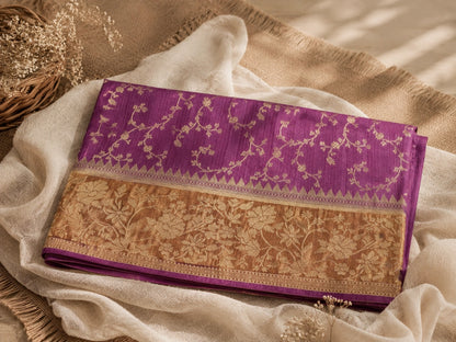 Magenta Matka Khaddi Banarasi Saree with Floral Zari Border