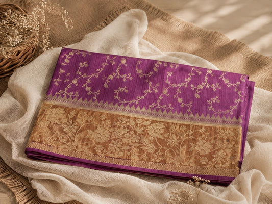 Magenta Matka Khaddi Banarasi Saree with Floral Zari Border