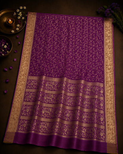 Magenta Matka Khaddi Banarasi Saree with Floral Zari Border