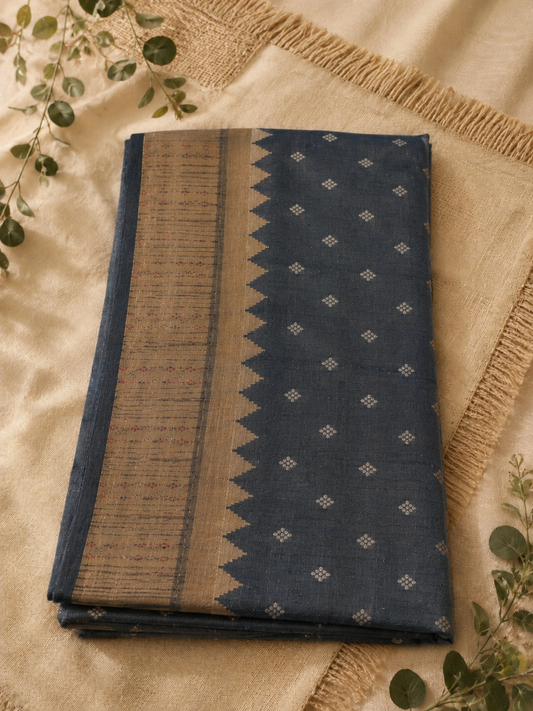 Charcoal Blue Tussar Silk Buta Work Saree with Beige Woven Border